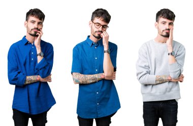 Seyir yorgun ve bıkkın ile depresyon sorun Çapraz kollar ile izole arka plan düşünme genç adam kolaj.