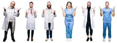 Kolaj gruba doktorlar ve cerrahlar üzerinde beyaz bir arka plan deli izole ve deli bağırarak ve agresif ifade ve silah kaldırdı bağırıyor. Hayal kırıklığı kavramı.