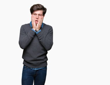 Genç yakışıklı zarif adam yüz, depresyon ve üzüntü, kapsayan bıktınız eller izole arka plan üzerinde üzgün ve sorun için tahriş