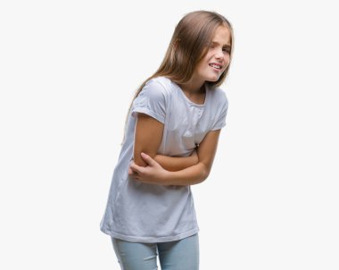 Genç güzel kız yüzünden izole mide üzerinde el ile arka plan çünkü mide bulantısı, ağrılı hastalık hasta hissediyor. Ağrısı kavramı.