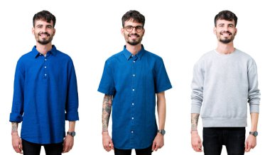 Kolaj gencin yüzündeki mutlu ve güzel bir gülümseme ile izole arka plan üzerinde. Şanslı kişi.