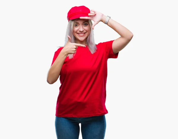Young Blonde Woman Wearing Red Hat Isolated Background Smiling Making — Stock Photo, Image