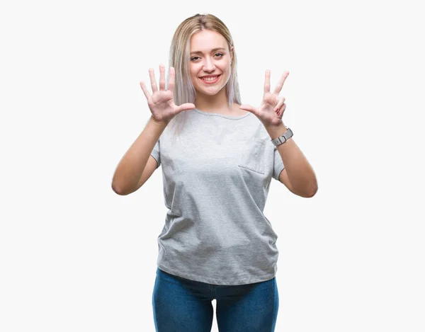 Młoda Blond Kobieta Białym Tle Wyświetlono Skierowaną Górę Palcami Liczba — Zdjęcie stockowe