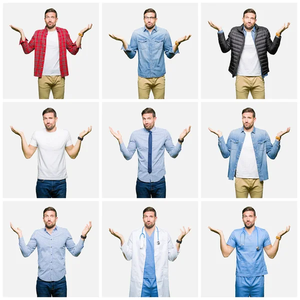 Collage Van Aantrekkelijke Jonge Man Witte Geïsoleerde Achtergrond Clueless Verward — Stockfoto
