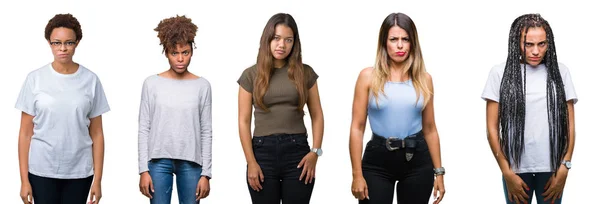 Collage Van Groep Jonge Vrouwen Geïsoleerde Achtergrond Scepticus Nerveus Fronsen — Stockfoto