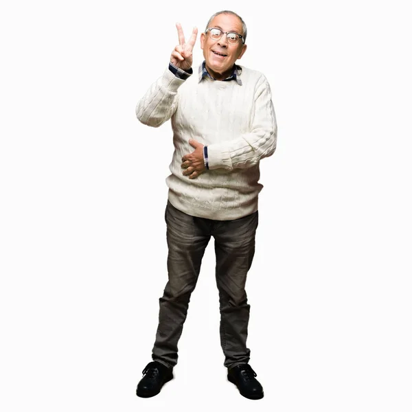 Stilig Senior Man Bär Glasögon Och Vinter Tröja Leende Med — Stockfoto
