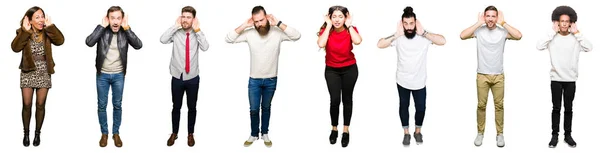 Collage People White Isolated Background Trying Hear Both Hands Ear — Stock Photo, Image