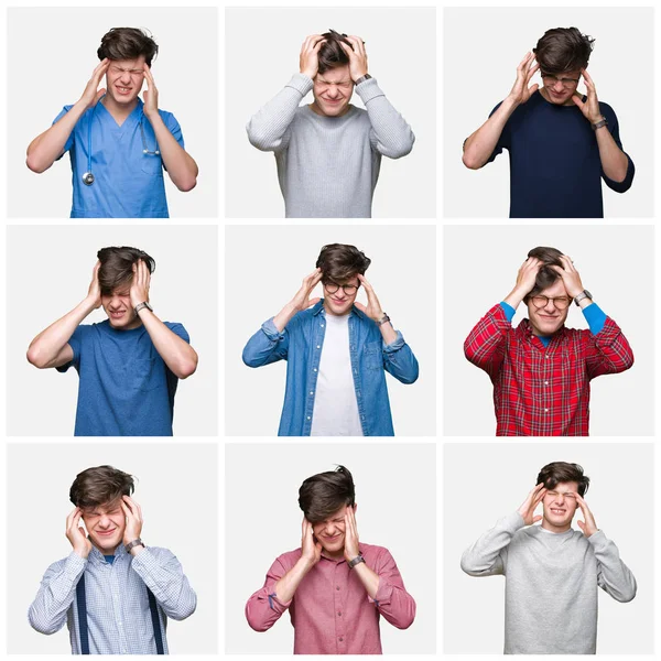 Collage Hombre Joven Sobre Fondo Blanco Aislado Que Sufre Dolor —  Fotos de Stock