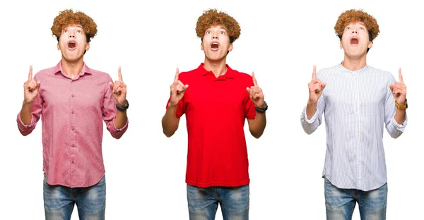 Collage Young Bussines Man Curly Hair Isolated White Background Amazed — 图库照片