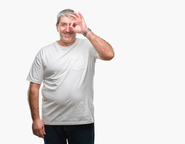 Schöner Älterer Mann Über Isoliertem Hintergrund Macht Geste Mit Lächelnder — Stockfoto