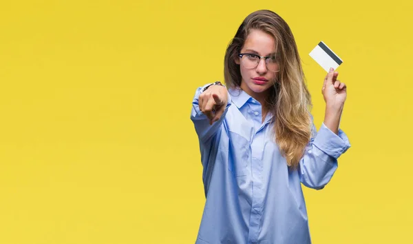 Young Beautiful Blonde Woman Holding Credit Card Isolated Background Pointing — Stock Photo, Image