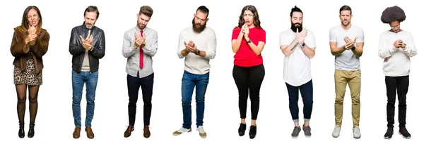 Collage Personnes Sur Fond Blanc Isolé Douleur Aux Mains Aux — Photo