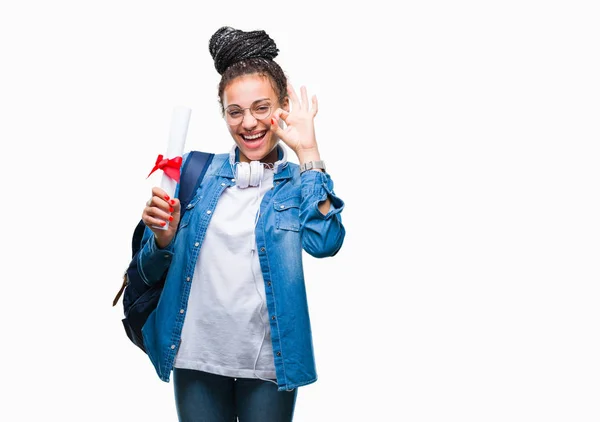 Jovem Trançado Cabelo Afro Americano Estudante Menina Segurando Grau Sobre — Fotografia de Stock