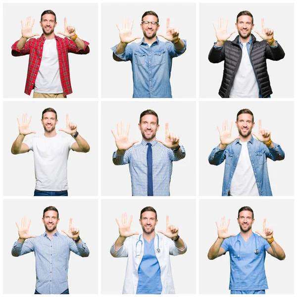 Collage Attractive Young Man White Isolated Background Showing Pointing Fingers — Stock Photo, Image