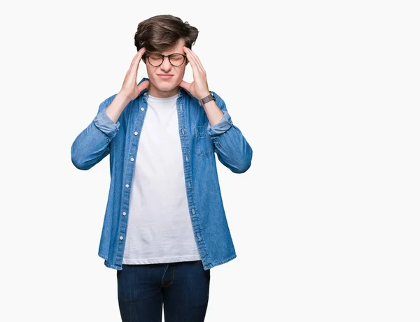 Junger Gutaussehender Mann Mit Brille Vor Isoliertem Hintergrund Die Hand — Stockfoto
