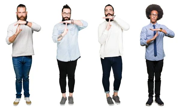 Collage Van Groep Jonge Mannen Witte Geïsoleerde Achtergrond Doen Time — Stockfoto