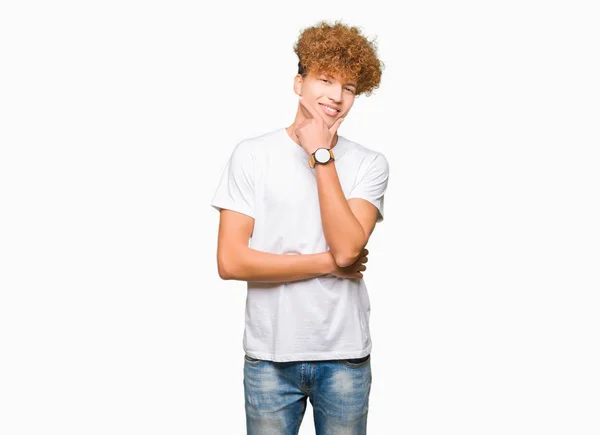 Young Handsome Man Afro Hair Wearing Casual White Shirt Looking — Stock Photo, Image