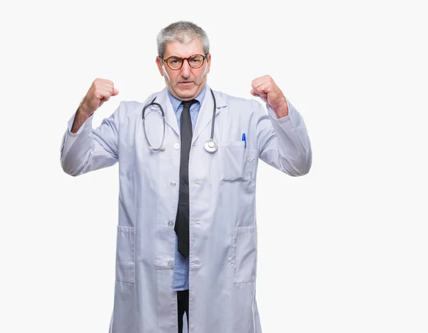 Handsome Senior Doctor Man Isolated Background Showing Arms Muscles Smiling — Stock Photo, Image