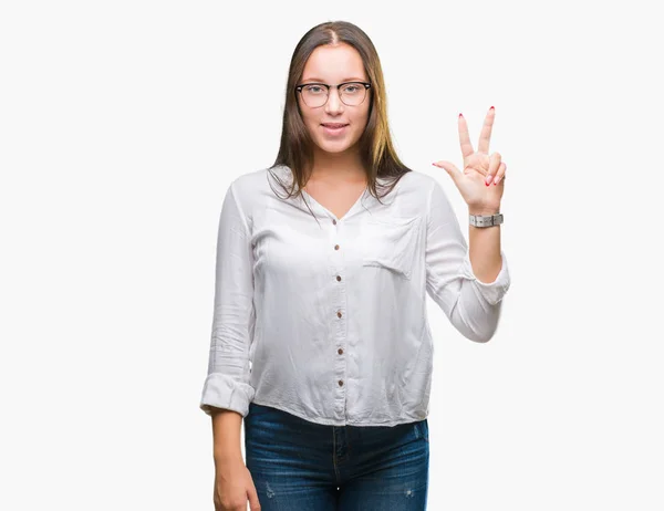 Kaukaski Młody Biznes Kobietę Okularach Białym Tle Wyświetlono Skierowaną Górę — Zdjęcie stockowe