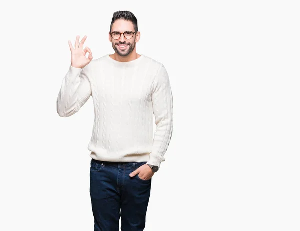 Homem Bonito Jovem Vestindo Óculos Sobre Fundo Isolado Sorrindo Positivo — Fotografia de Stock