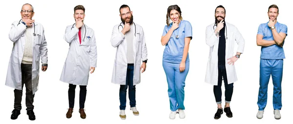 Collage Groupe Médecins Chirurgiens Personnes Sur Fond Blanc Isolé Regardant — Photo