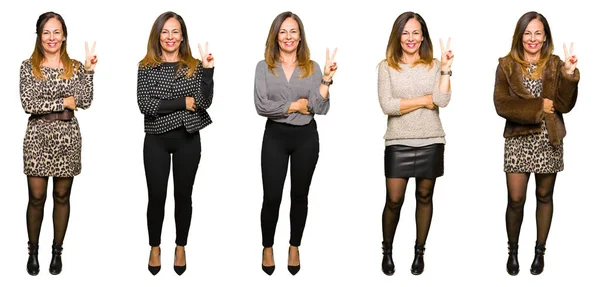 Collage Einer Eleganten Frau Mittleren Alters Vor Isoliertem Weißem Hintergrund — Stockfoto