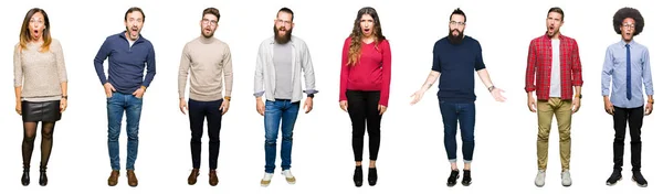 Collage Von Menschen Vor Weißem Isoliertem Hintergrund Mit Schockiertem Gesicht — Stockfoto