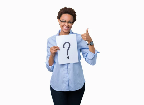Young African American Woman Holding Paper Question Mark Isolated Background — Stock Photo, Image