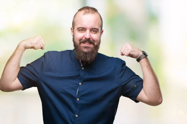 Man Van Jonge Kaukasische Hipster Geïsoleerde Achtergrond Armen Spieren Glimlachend — Stockfoto