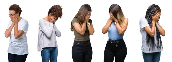 Collage Grupp Unga Kvinnor Över Isolerade Bakgrund Med Sorgligt Uttryck — Stockfoto