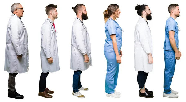 Collage Grupo Médicos Cirujanos Personas Sobre Fondo Blanco Aislado Mirando — Foto de Stock