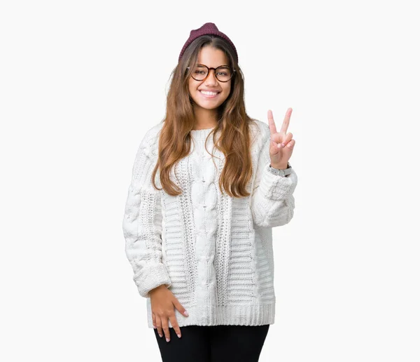 Young Beautiful Brunette Hipster Woman Wearing Glasses Winter Hat Isolated — Stock Photo, Image