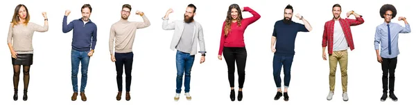 Collage Personas Sobre Fondo Blanco Aislado Persona Fuerte Mostrando Músculo —  Fotos de Stock