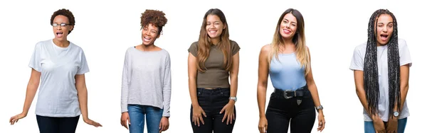 Collage Einer Gruppe Junger Frauen Vor Isoliertem Hintergrund Die Mit — Stockfoto
