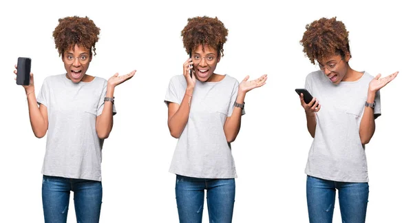 Colagem Jovem Bela Menina Africana Usando Smartphone Muito Feliz Animado — Fotografia de Stock