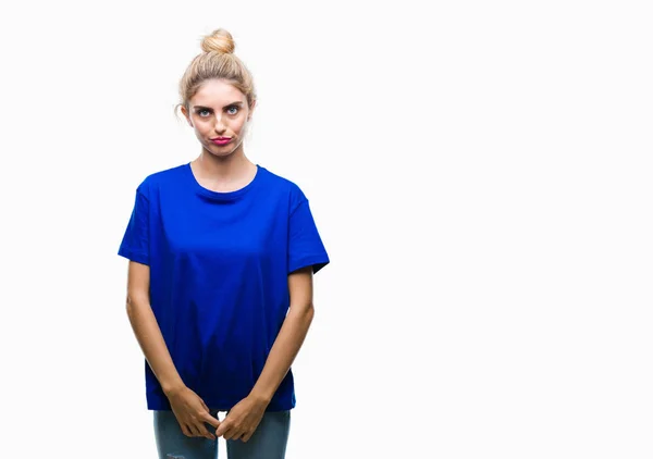 Tineri Frumoși Blondă Ochi Albaștri Femeie Purtând Tricou Albastru Fundal — Fotografie, imagine de stoc