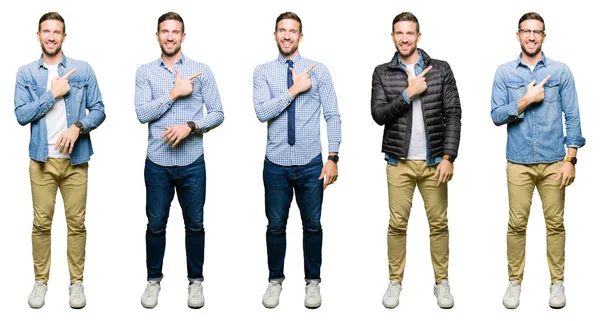Collage Van Aantrekkelijke Jonge Man Witte Geïsoleerde Achtergrond Vrolijke Met — Stockfoto