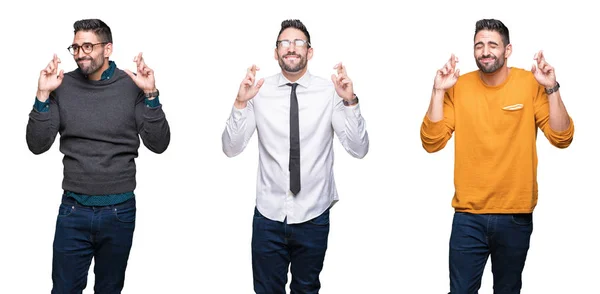 Colagem Homem Bonito Sobre Fundo Isolado Branco Sorrindo Cruzando Dedos — Fotografia de Stock