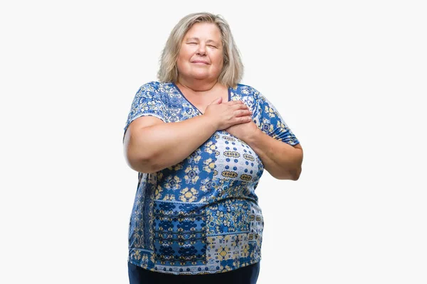 Senior Size Caucasian Woman Isolated Background Smiling Hands Chest Closed — Stock Photo, Image