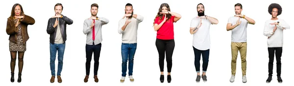 Collage People White Isolated Background Doing Time Out Gesture Hands — Stock Photo, Image