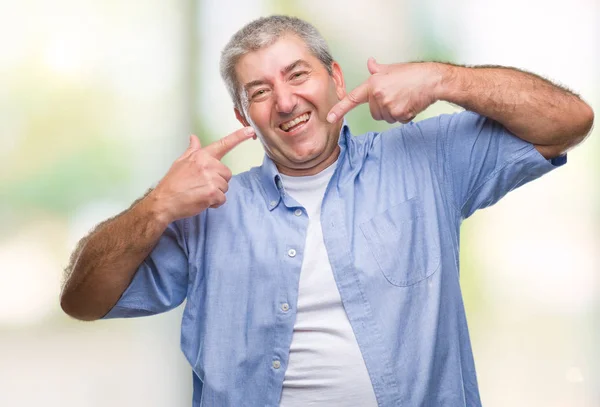 Stilig Senior Man Över Isolerade Bakgrund Leende Självsäker Visar Och — Stockfoto