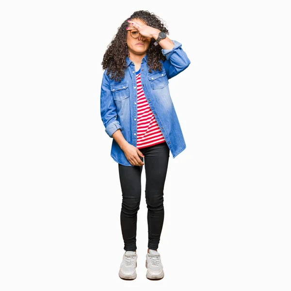 Young Beautiful Woman Curly Hair Wearing Glasses Smelling Something Stinky — Stock Photo, Image