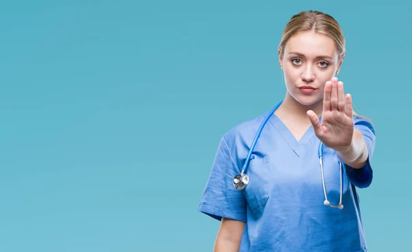 Young Blonde Surgeon Doctor Woman Isolated Background Doing Stop Sing — Stock Photo, Image