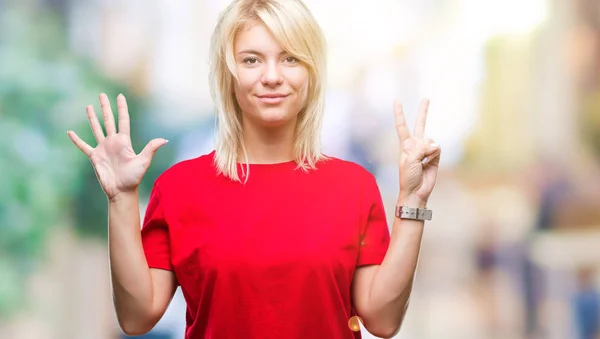 Young Beautiful Blonde Woman Wearing Red Shirt Isolated Background Showing — Stock Photo, Image