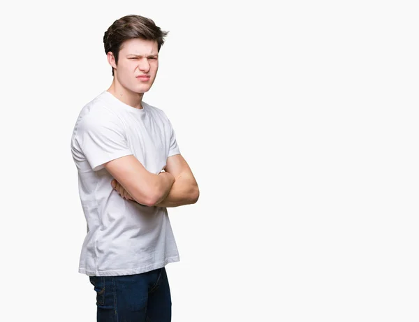 Homem Bonito Jovem Vestindo Casual Shirt Branca Sobre Fundo Isolado — Fotografia de Stock