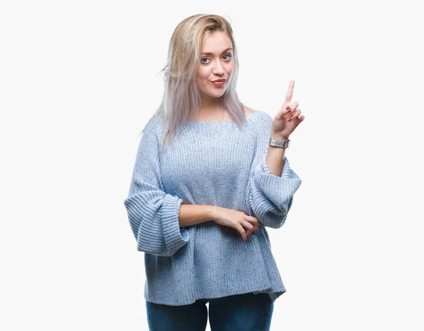 Young Blonde Woman Wearing Winter Sweater Isolated Background Big Smile — Stock Photo, Image