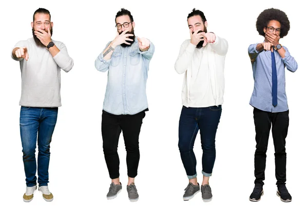 Collage Grupp Unga Män Över Vita Isolerade Bakgrunden Skratta Pekar — Stockfoto