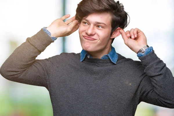 Young Handsome Elegant Man Isolated Background Smiling Pulling Ears Fingers — Stock Photo, Image