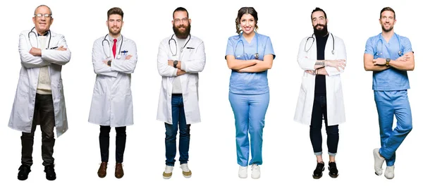 Collage Gruppo Medici Chirurghi Persone Sfondo Bianco Isolato Volto Felice — Foto Stock