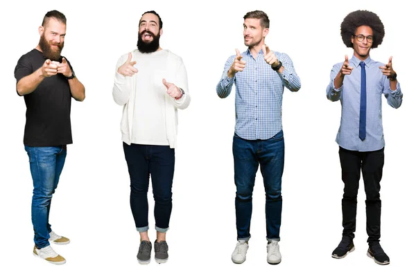 Колаж Групи Молодих Чоловіків Над Білим Ізольованим Тлом Вказує Пальці — стокове фото